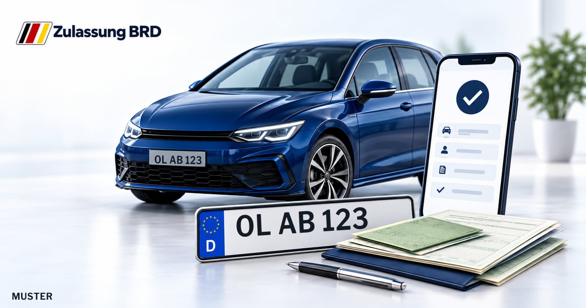 Online Fahrzeugzulassung in Ganderkesee: Musterkennzeichen OL AB 123, Auto und Fahrzeugpapiere und Smartphone. Illustration mit Logo von Zulassung BRD.